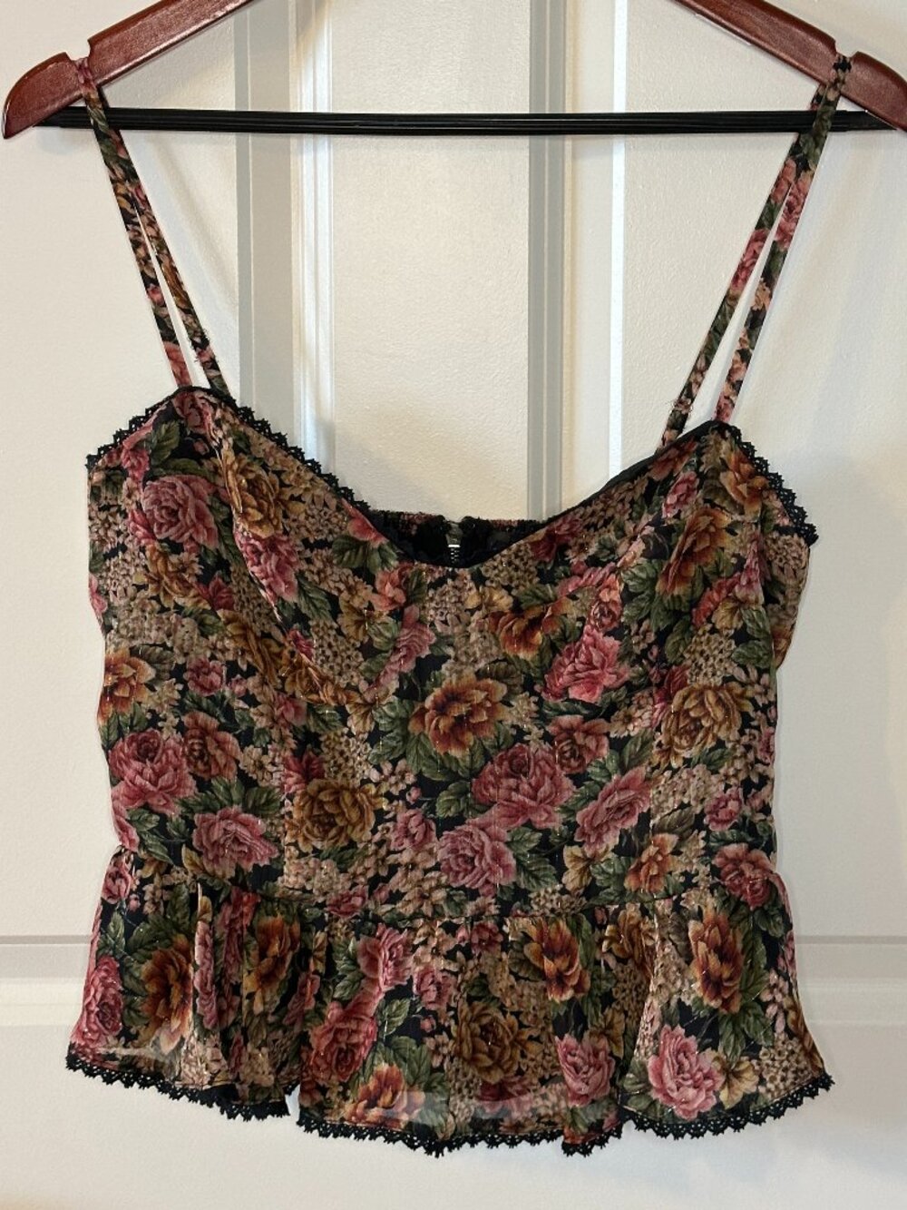 Romantic Floral Peplum Cami Crop Top Lace Trim Fairy Grunge Cottagecore Large